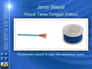 Pendawaian seperti di radio dan pembesar suara.
Jenis Wayar
Wayar Teras Tunggal (Halus)
 