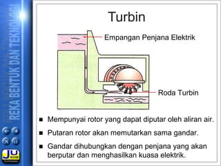 Turbin
Empangan Penjana Elektrik
Roda Turbin
■ Mempunyai rotor yang dapat diputar oleh aliran air.
■ Putaran rotor akan memutarkan sama gandar.
■ Gandar dihubungkan dengan penjana yang akan
berputar dan menghasilkan kuasa elektrik.
 