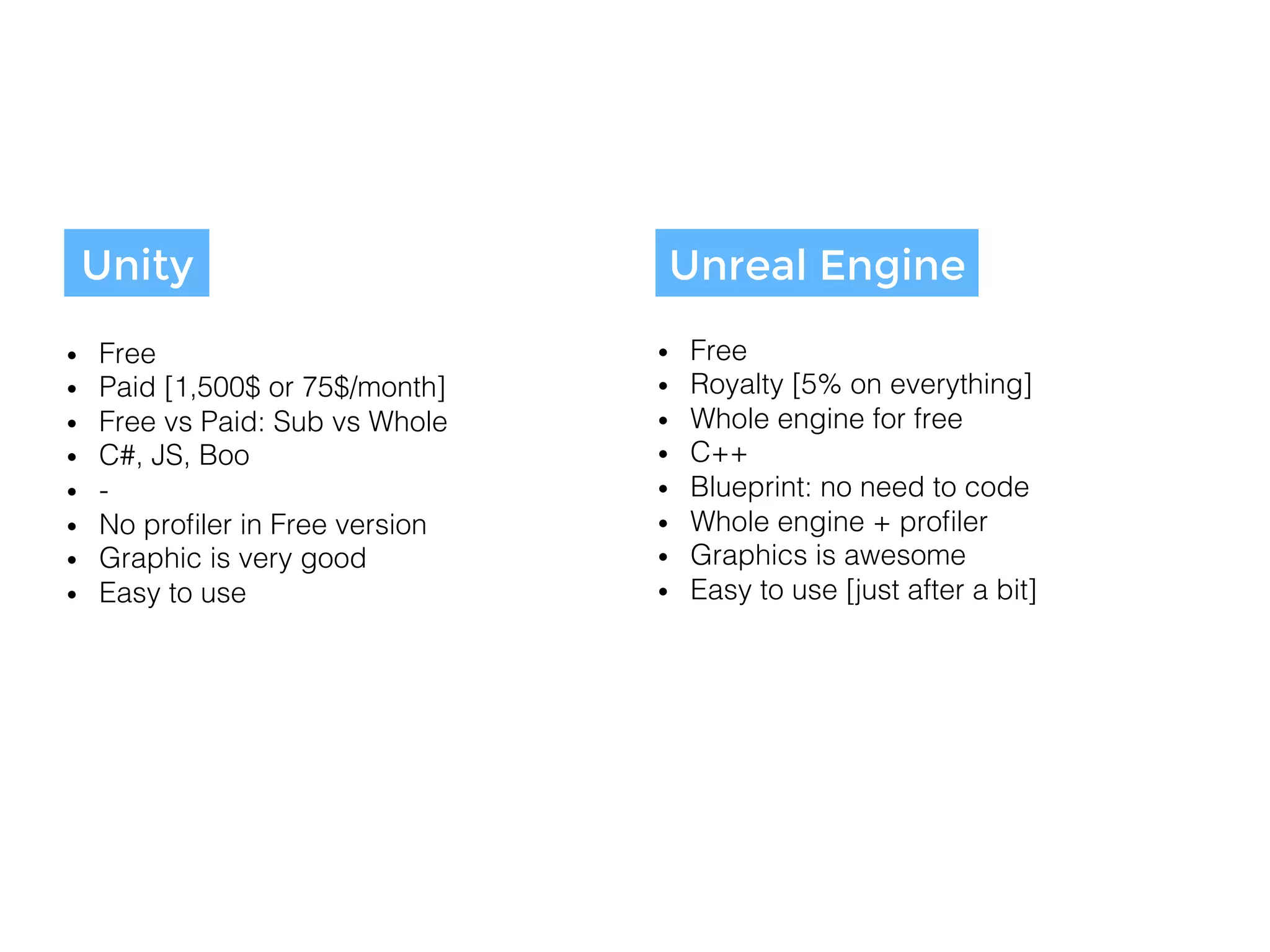Unreal Engine
Unity
•  Free!
•  Royalty [5% on everything]!
•  Whole engine for free!
•  C++!
•  Blueprint: no need to code!
•  Whole engine + proﬁler!
•  Graphics is awesome!
•  Easy to use [just after a bit]!
•  Free!
•  Paid [1,500$ or 75$/month] !
•  Free vs Paid: Sub vs Whole!
•  C#, JS, Boo!
•  -!
•  No proﬁler in Free version!
•  Graphic is very good!
•  Easy to use!
•  More than 50% of mobile (that rely on
3rd party engine)!
 