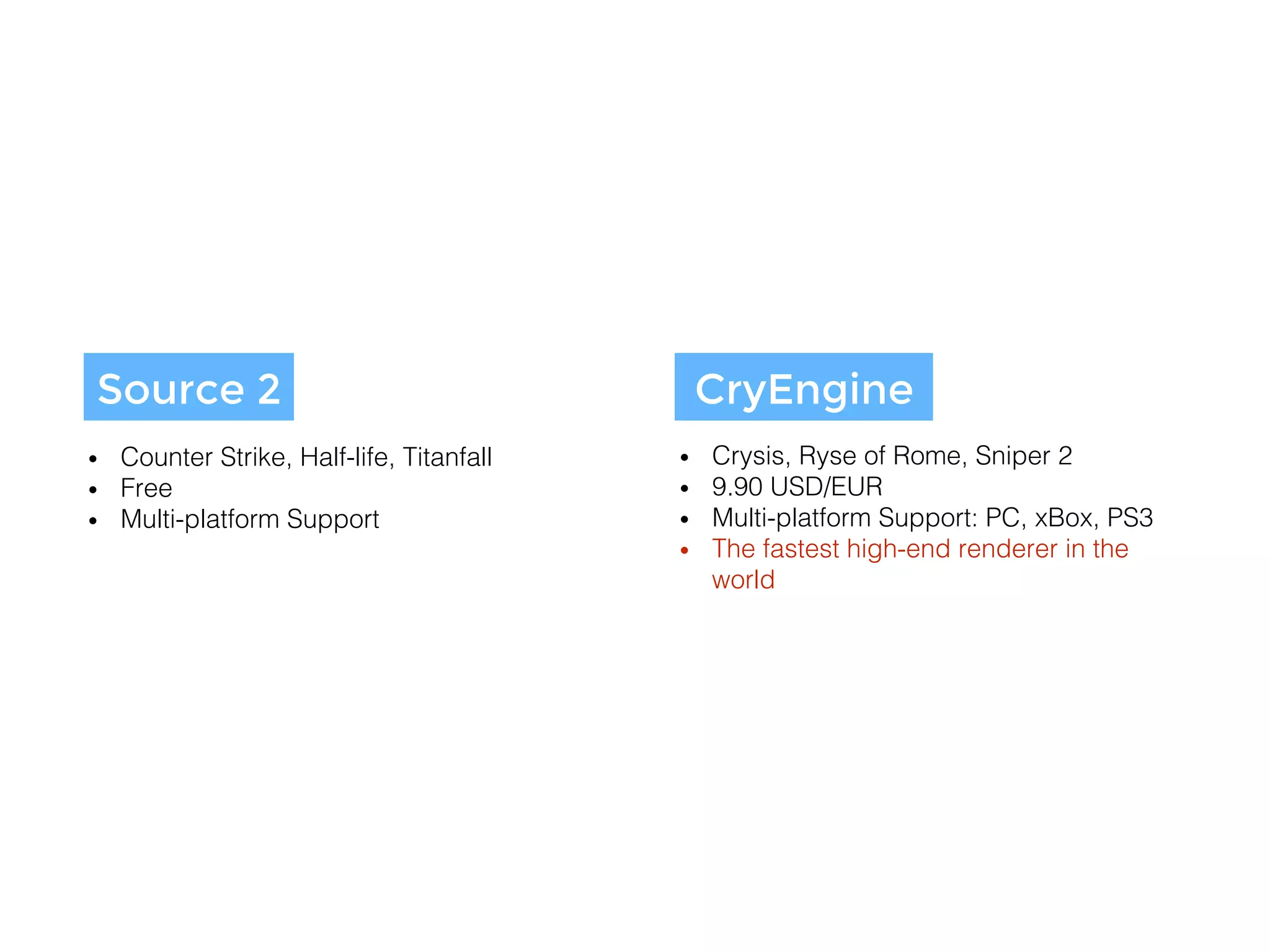 CryEngine
Source 2
•  Counter Strike, Half-life, Titanfall!
•  Free!
•  Multi-platform Support!
•  Crysis, Ryse of Rome, Sniper 2!
•  9.90 USD/EUR!
•  Multi-platform Support: PC, xBox, PS3 !
•  The fastest high-end renderer in the
world!
 