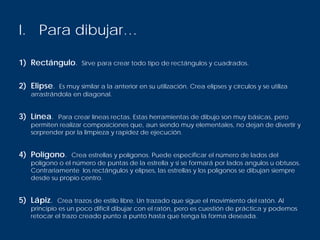 I. Para dibujar…

1) Rectángulo.       Sirve para crear todo tipo de rectángulos y cuadrados.


2) Elipse.  Es muy similar a la anterior en su utilización. Crea elipses y círculos y se utiliza
   arrastrándola en diagonal.


3) Línea.  Para crear líneas rectas. Estas herramientas de dibujo son muy básicas, pero
   permiten realizar composiciones que, aun siendo muy elementales, no dejan de divertir y
   sorprender por la limpieza y rapidez de ejecución.


4) Polígono.    Crea estrellas y polígonos. Puede especificar el número de lados del
   polígono o el número de puntas de la estrella y si se formará por lados angulos u obtusos.
   Contrariamente los rectángulos y elipses, las estrellas y los polígonos se dibujan siempre
   desde su propio centro.


5) Lápiz.   Crea trazos de estilo libre. Un trazado que sigue el movimiento del ratón. Al
   principio es un poco difícil dibujar con el ratón, pero es cuestión de práctica y podemos
   retocar el trazo creado punto a punto hasta que tenga la forma deseada.
 