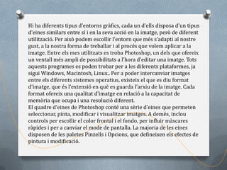 Hi ha diferents tipus d’entorns gràfics, cada un d’ells disposa d’un tipus
d’eines similars entre sí i en la seva acció en la imatge, però de diferent
utilització. Per això podem escollir l’entorn que més s’adapti al nostre
gust, a la nostra forma de treballar i al procés que volem aplicar a la
imatge. Entre els mes utilitzats es troba Photoshop, un dels que ofereix
un ventall més ampli de possibilitats a l’hora d’editar una imatge. Tots
aquests programes es poden trobar per a les diferents plataformes, ja
sigui Windows, Macintosh, Linux.. Per a poder intercanviar imatges
entre els diferents sistemes operatius, existeix el que es diu format
d’imatge, que és l’extensió en què es guarda l’arxiu de la imatge. Cada
format ofereix una qualitat d’imatge en relació a la capacitat de
memòria que ocupa i una resolució diferent.
El quadre d’eines de Photoshop conté una sèrie d’eines que permeten
seleccionar, pinta, modificar i visualitzar imatges. A demés, inclou
controls per escollir el color frontal i el fondo, per influir màscares
ràpides i per a canviar el mode de pantalla. La majoria de les eines
disposen de les paletes Pinzells i Opcions, que defineixen els efectes de
pintura i modificació.
 