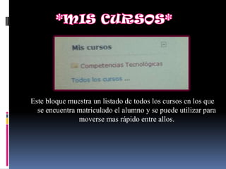 Este bloque muestra un listado de todos los cursos en los que
  se encuentra matriculado el alumno y se puede utilizar para
               moverse mas rápido entre allos.
 