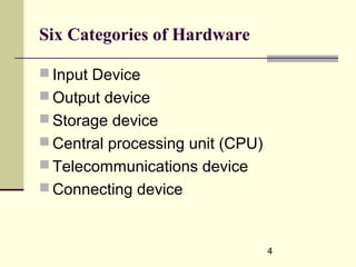 4
Six Categories of Hardware
 Input Device
 Output device
 Storage device
 Central processing unit (CPU)
 Telecommunications device
 Connecting device
 