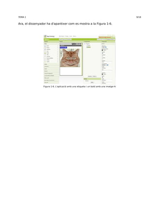 TEMA 1 9/18 
Ara, el dissenyador ha d'aparèixer com es mostra a la Figura 1-6. 
Figura 1-6. L'aplicació amb una etiqueta i un botó amb una imatge-hi 
 