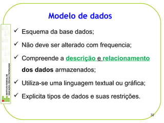  Esquema da base dados;
 Não deve ser alterado com frequencia;
 Compreende a descrição e relacionamento
dos dados armazenados;
 Utiliza-se uma linguagem textual ou gráfica;
 Explicita tipos de dados e suas restrições.
32
Modelo de dados
 