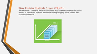 Time Div isio n Multiple Access (TDMA):
Each frequency channel is further divided into a set of timeslots; each timeslot carries
the data of a voice call. Provides multiuser access by chopping up the channel into
sequential time slices.
 