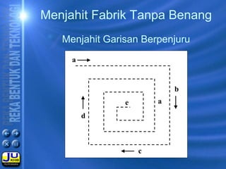a
a
b
c
d
e
Menjahit Fabrik Tanpa Benang
Menjahit Garisan Berpenjuru
 