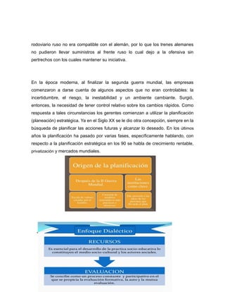 rodoviario ruso no era compatible con el alemán, por lo que los trenes alemanes 
no pudieron llevar suministros al frente ruso lo cual dejo a la ofensiva sin 
pertrechos con los cuales mantener su iniciativa. 
En la época moderna, al finalizar la segunda guerra mundial, las empresas 
comenzaron a darse cuenta de algunos aspectos que no eran controlables: la 
incertidumbre, el riesgo, la inestabilidad y un ambiente cambiante. Surgió, 
entonces, la necesidad de tener control relativo sobre los cambios rápidos. Como 
respuesta a tales circunstancias los gerentes comienzan a utilizar la planificación 
(planeación) estratégica. Ya en el Siglo XX se le dio otra concepción, siempre en la 
búsqueda de planificar las acciones futuras y alcanzar lo deseado. En los últimos 
años la planificación ha pasado por varias fases, específicamente hablando, con 
respecto a la planificación estratégica en los 90 se habla de crecimiento rentable, 
privatización y mercados mundiales. 
 ENFOQUES DE LA PLANIFICACIÓN 
 