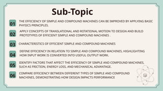 02
03
04
05
06
01
Sub-Topic
THE EFFICIENCY OF SIMPLE AND COMPOUND MACHINES CAN BE IMPROVED BY APPLYING BASIC
PHYSICS PRINCIPLES.
DEFINE EFFICIENCY IN RELATION TO SIMPLE AND COMPOUND MACHINES, HIGHLIGHTING
HOW INPUT WORK IS CONVERTED INTO USEFUL OUTPUT WORK.
IDENTIFY FACTORS THAT AFFECT THE EFFICIENCY OF SIMPLE AND COMPOUND MACHINES,
SUCH AS FRICTION, ENERGY LOSS, AND MECHANICAL ADVANTAGE.
CHARACTERISTICS OF EFFICIENT SIMPLE AND COMPOUND MACHINES
APPLY CONCEPTS OF TRANSLATIONAL AND ROTATIONAL MOTION TO DESIGN AND BUILD
PROTOTYPES OF EFFICIENT SIMPLE AND COMPOUND MACHINES .
COMPARE EFFICIENCY BETWEEN DIFFERENT TYPES OF SIMPLE AND COMPOUND
MACHINES, DEMONSTRATING HOW DESIGN IMPACTS PERFORMANCE
 