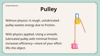Without physics: A rough, unlubricated
pulley wastes energy due to friction.
With physics applied: Using a smooth,
lubricated pulley with minimal friction
increases efficiency—more of your effort
lifts the object.
Pulley
Simple Machine:
 
