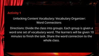 Activity 1
Directions: Divide the class into groups. Each group is given a
word one set of vocabulary word. The learners will be given 10
minutes to finish the task. Share the word connection to the
whole class.
Unlocking Content Vocabulary: Vocabulary Organizer:
Word Connections
 
