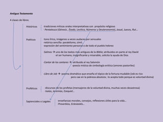 Antiguo Testamento
4 clases de libros
Históricos
Poéticos
Proféticos
Sapienciales o Legales
·tradiciones míticas orales interpretativas con propósito religioso
· Pentateuco (Génesis , Éxodo, Levítico, Números y Deuteronomio), Josué, Jueces, Rut…
·tono lírico, imágenes a veces audaces por sensuales
·retórica sencilla: paralelismo, símil…
·expresión del sentimiento personal o de todo el pueblo hebreo
·Salmos ·uno de los textos más antiguos de la Biblia; atribuidos en parte al rey David
·el ser humano, insignificante y miserable, solicita la ayuda de Dios
·Cantar de los cantares  ·atribuido al rey Salomón
·poesía mística de simbología erótica (amores pastoriles)
·Libro de Job  ·poema dramático que enseña el tópico de la fortuna mudable (Job es rico
pero cae en la pobreza absoluta ; lo acepta todo porque es voluntad divina)
·discursos de los profetas (mensajeros de la voluntad divina, muchas veces desastrosa)
·Isaías, Jeremías, Ezequiel…
·enseñanzas morales, consejos, reflexiones útiles para la vida…
·Proverbios, Eclesiastés…
 