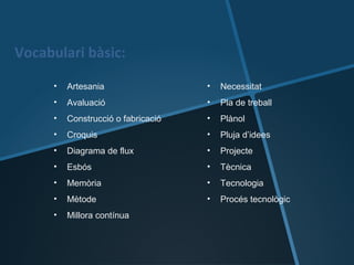 Vocabulari bàsic:

      •   Artesania                  •   Necessitat
      •   Avaluació                  •   Pla de treball
      •   Construcció o fabricació   •   Plànol
      •   Croquis                    •   Pluja d’idees
      •   Diagrama de flux           •   Projecte
      •   Esbós                      •   Tècnica
      •   Memòria                    •   Tecnologia
      •   Mètode                     •   Procés tecnològic
      •   Millora contínua
 