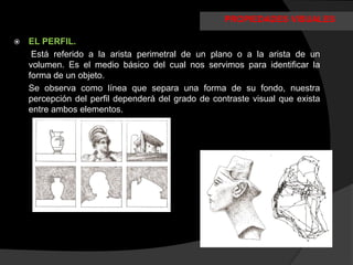 PROPIEDADES VISUALES

   EL PERFIL.
     Está referido a la arista perimetral de un plano o a la arista de un
    volumen. Es el medio básico del cual nos servimos para identificar la
    forma de un objeto.
    Se observa como línea que separa una forma de su fondo, nuestra
    percepción del perfil dependerá del grado de contraste visual que exista
    entre ambos elementos.
 