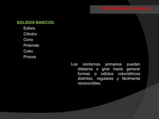 PROPIEDADES VISUALES


SOLIDOS BASICOS.
  Esfera
  Cilindro
  Cono
  Pirámide
  Cubo
  Prisma
                   Los      contornos primarios pueden
                         dilatarse o girar hasta generar
                         formas o sólidos volumétricos
                         distintos, regulares y fácilmente
                         reconocibles.
 