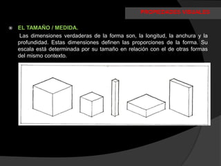 PROPIEDADES VISUALES

   EL TAMAÑO / MEDIDA.
     Las dimensiones verdaderas de la forma son, la longitud, la anchura y la
    profundidad. Estas dimensiones definen las proporciones de la forma. Su
    escala está determinada por su tamaño en relación con el de otras formas
    del mismo contexto.
 