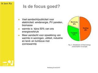 Is de focus goed?
 Veel aandacht/publiciteit voor
elektriciteit: windenergie, PV panelen,
biomassa
 warmte is bijna 50% ...