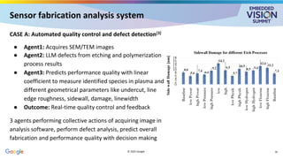 Sensor fabrication analysis system
CASE A: Automated quality control and defect detection[3]
● Agent1: Acquires SEM/TEM images
● Agent2: LLM defects from etching and polymerization
process results
● Agent3: Predicts performance quality with linear
coefficient to measure identified species in plasma and
different geometrical parameters like undercut, line
edge roughness, sidewall, damage, linewidth
● Outcome: Real-time quality control and feedback
3 agents performing collective actions of acquiring image in
analysis software, perform defect analysis, predict overall
fabrication and performance quality with decision making
© 2025 Google 16
 