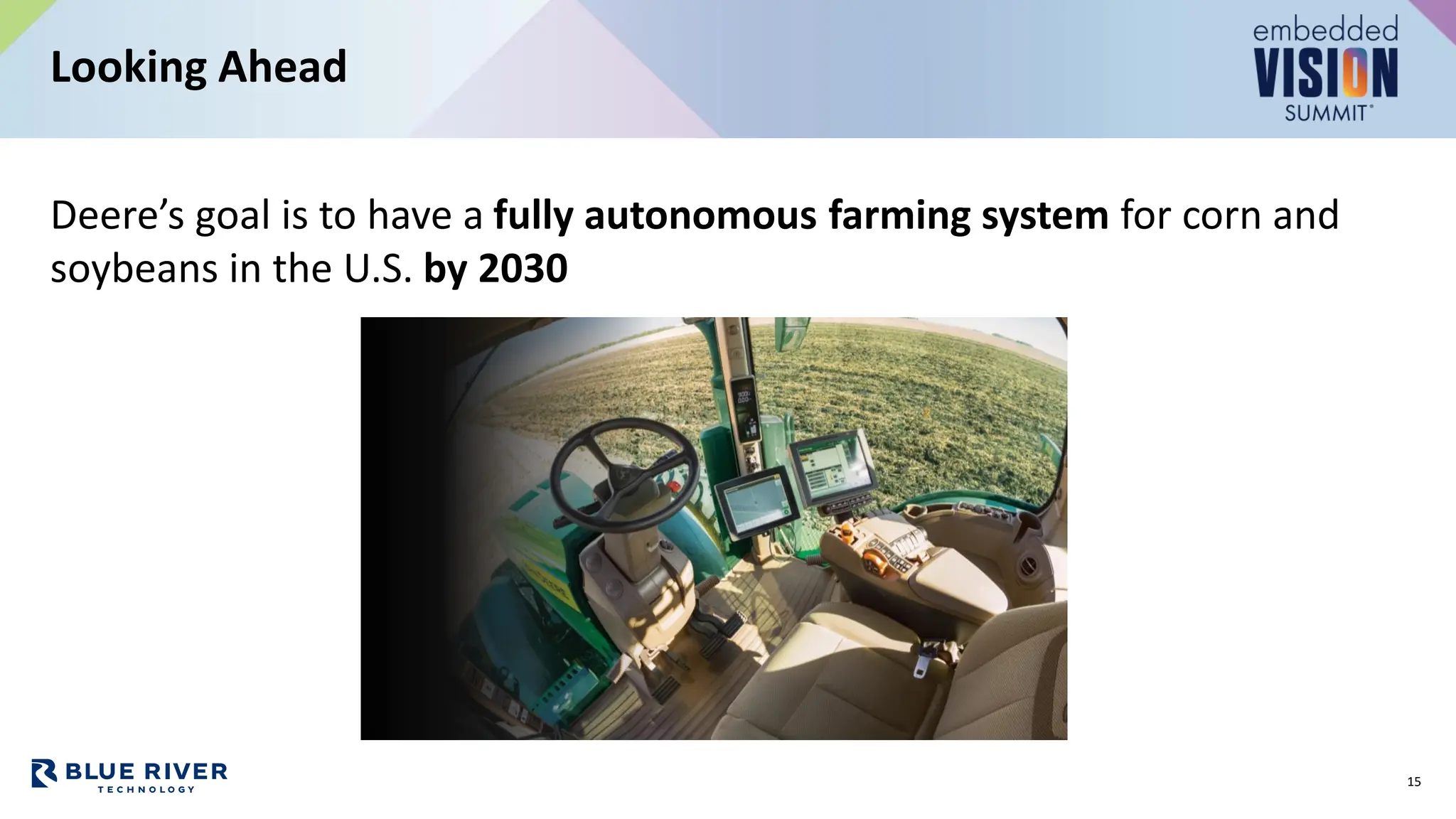 Deere’s goal is to have a fully autonomous farming system for corn and
soybeans in the U.S. by 2030
Looking Ahead
15
