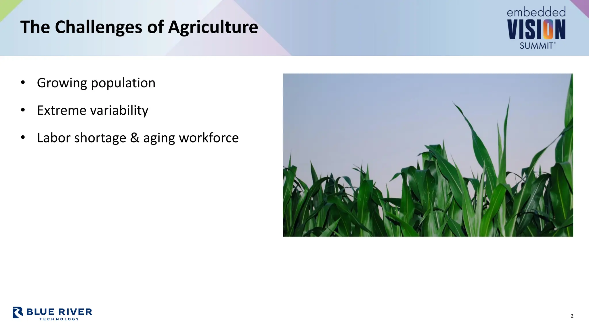 • Growing population
• Extreme variability
• Labor shortage & aging workforce
The Challenges of Agriculture
2