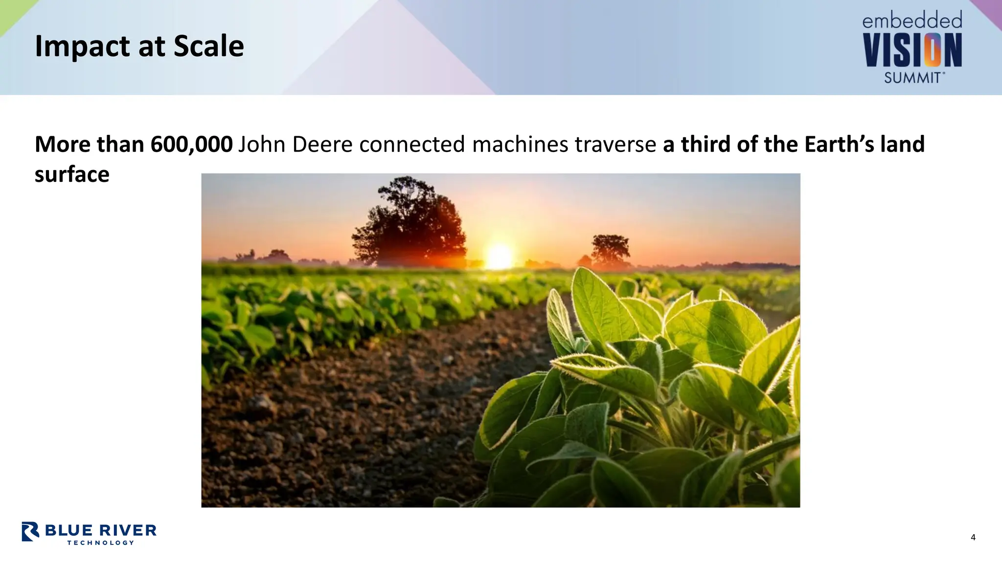 More than 600,000 John Deere connected machines traverse a third of the Earth’s land
surface
Impact at Scale
4