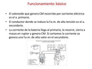 Funcionamiento básico
• El solenoide que genera CM recorrido por corriente eléctrica
es el a. primario.
• El conductor donde se induce la f.e.m. de alta tensión es el a.
secundario.
• La corriente de la batería llega al primario, lo recorre, cierra a
masas en ruptor y genera CM. Si cortamos la corriente se
genera una f.e.m. de alto valor en el secundario.
 