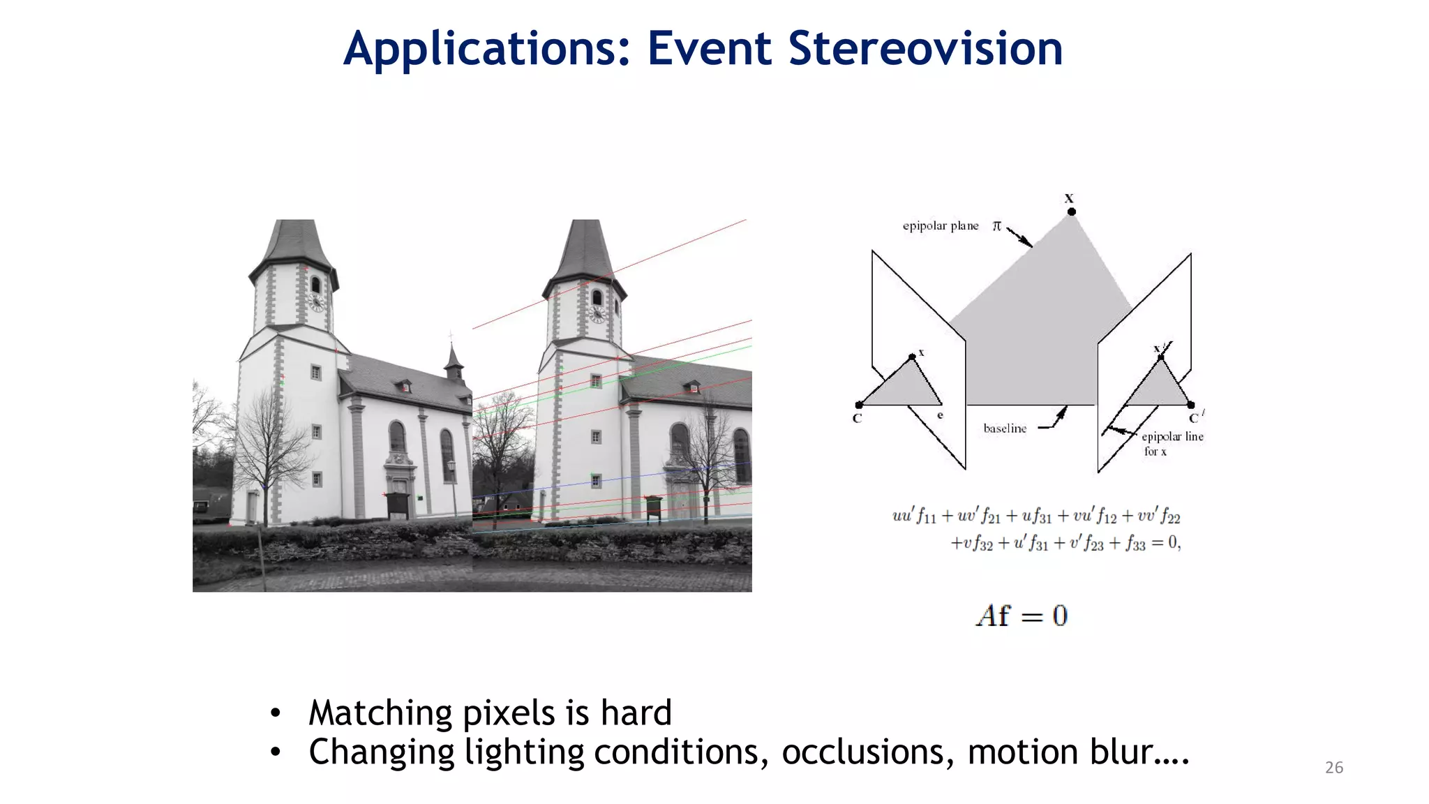 Applications: Event Stereovision
• Matching pixels is hard
• Changing lighting conditions, occlusions, motion blur…. 26
 