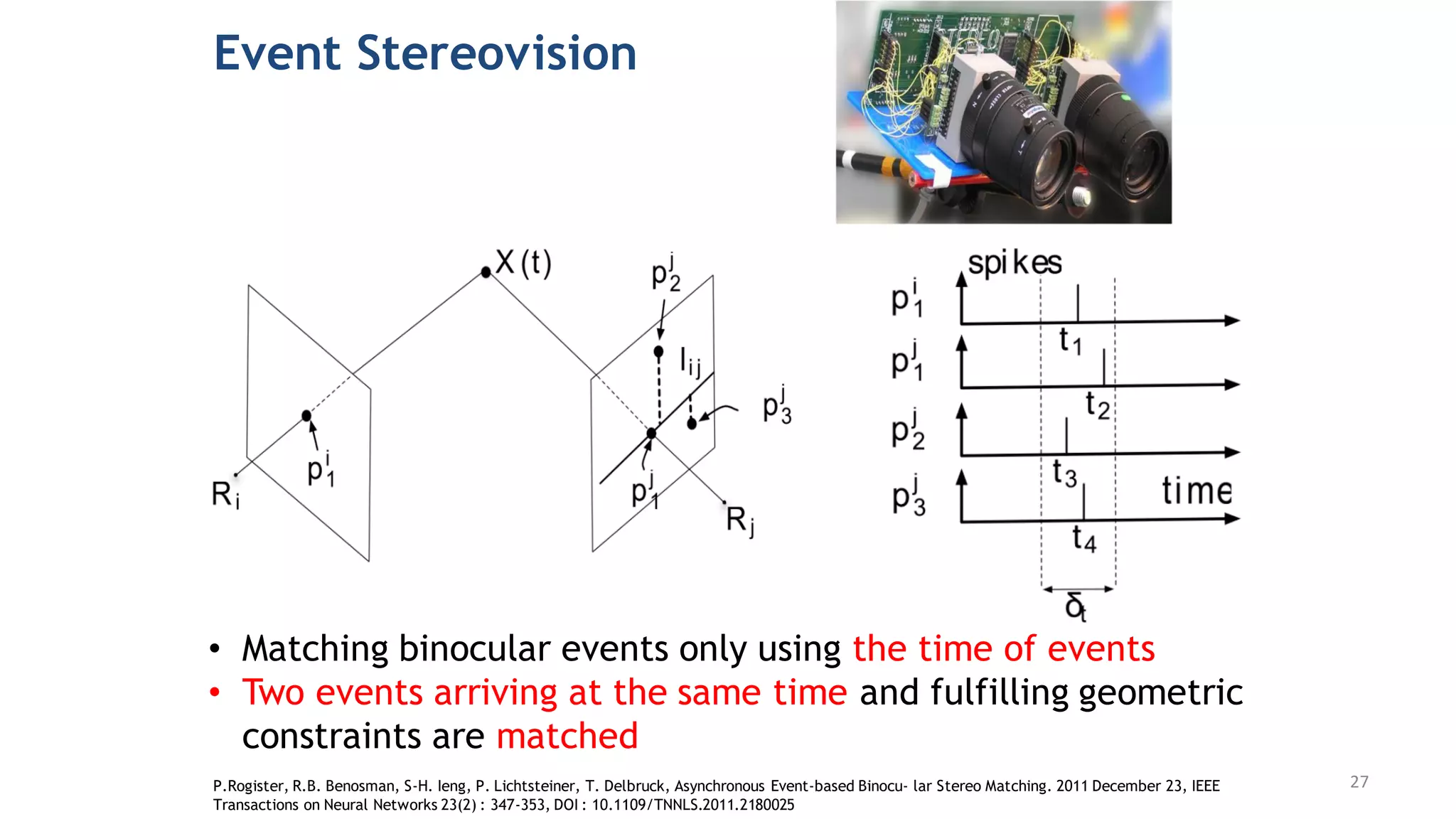 • Matching binocular events only using the time of events
• Two events arriving at the same time and fulfilling geometric
constraints are matched
Event Stereovision
P.Rogister, R.B. Benosman, S-H. Ieng, P. Lichtsteiner, T. Delbruck, Asynchronous Event-based Binocu- lar Stereo Matching. 2011 December 23, IEEE
Transactions on Neural Networks 23(2) : 347-353, DOI : 10.1109/TNNLS.2011.2180025
27
 
