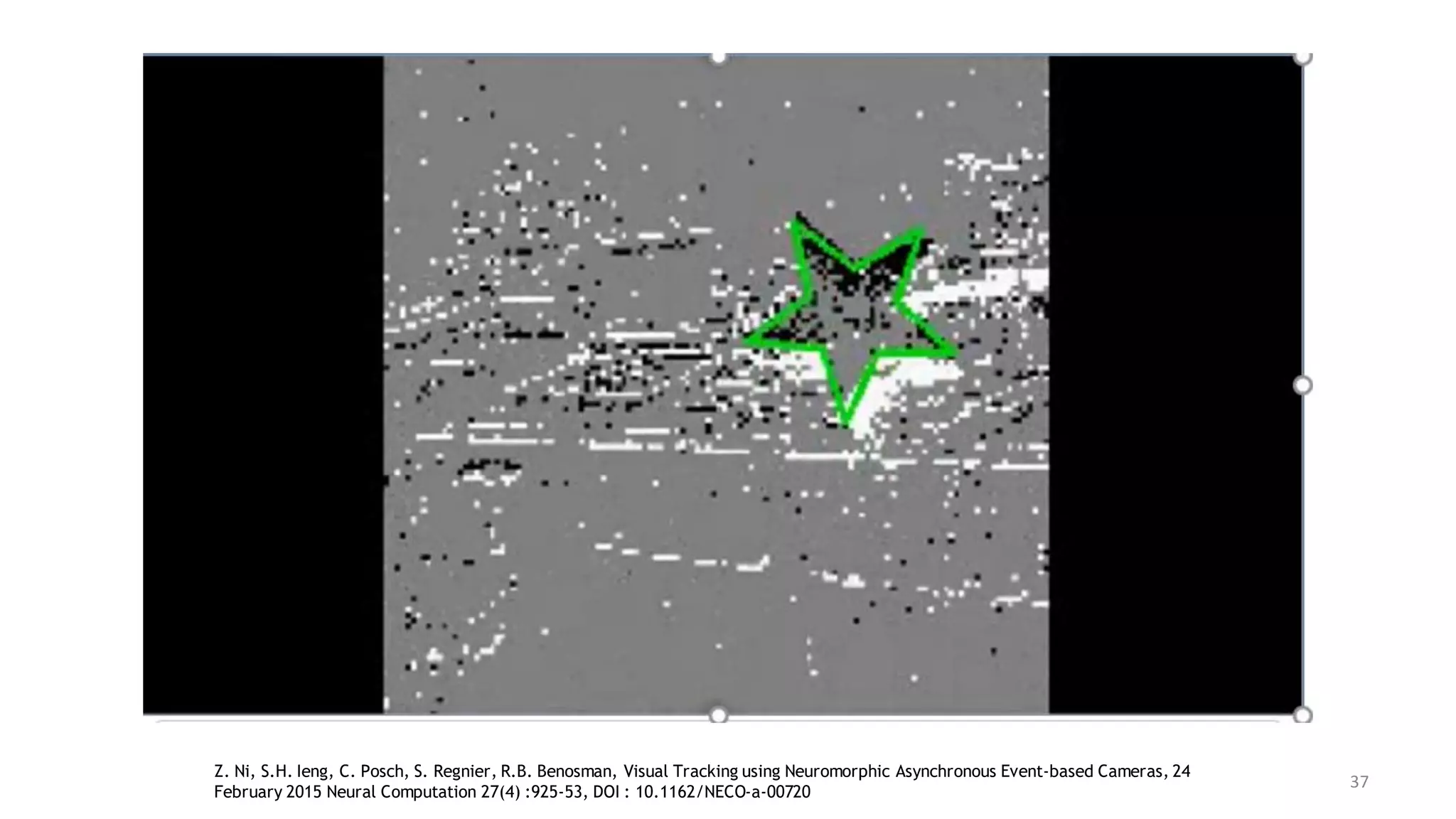 Event-Based Tracking with a Moving Camera
Z. Ni, S.H. Ieng, C. Posch, S. Regnier, R.B. Benosman, Visual Tracking using Neuromorphic Asynchronous Event-based Cameras, 24
February 2015 Neural Computation 27(4) :925-53, DOI : 10.1162/NECO-a-00720
37
 
