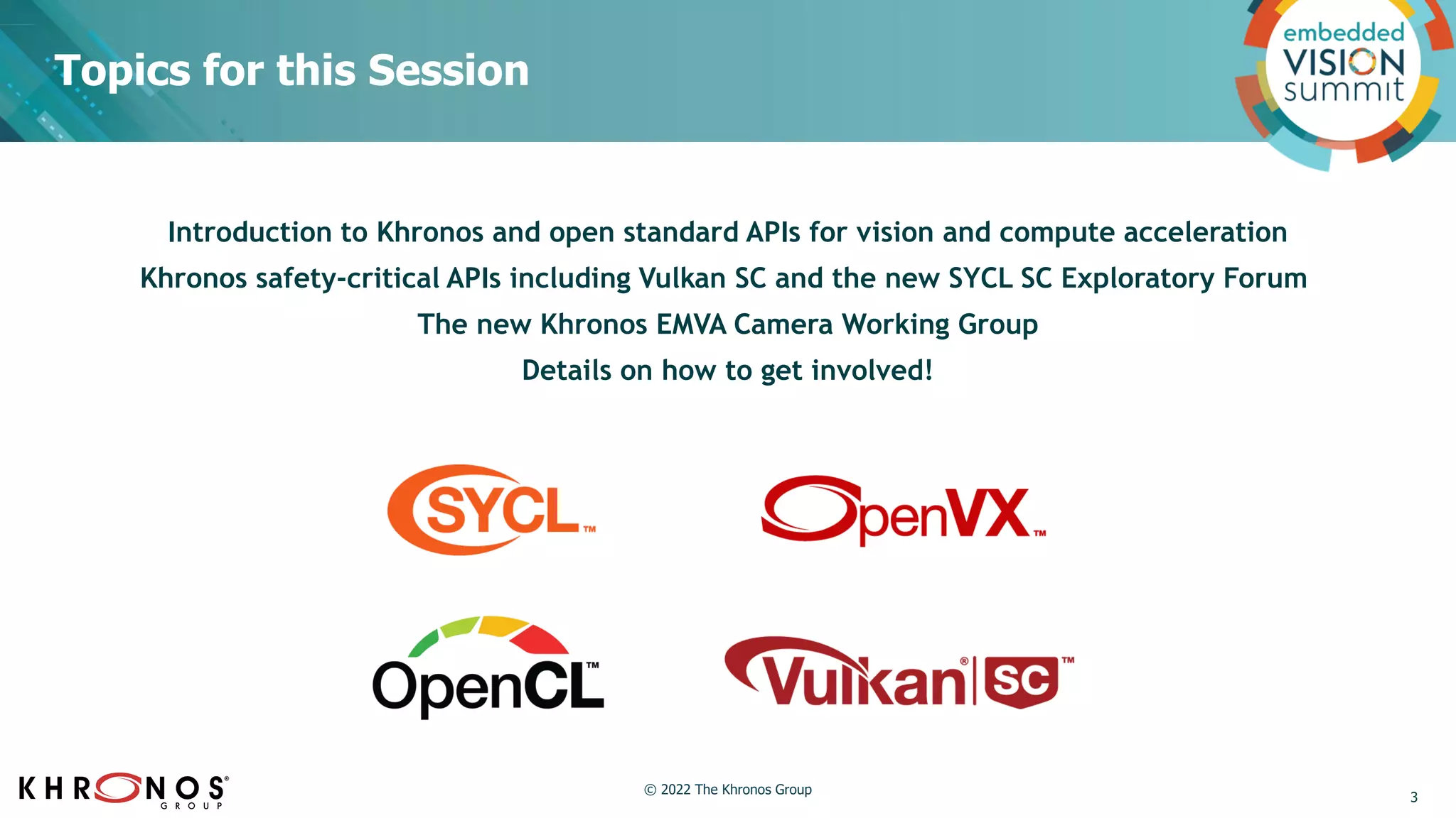 Topics for this Session
Introduction to Khronos and open standard APIs for vision and compute acceleration
Khronos safety-critical APIs including Vulkan SC and the new SYCL SC Exploratory Forum
The new Khronos EMVA Camera Working Group
Details on how to get involved!
3
© 2022 The Khronos Group
 