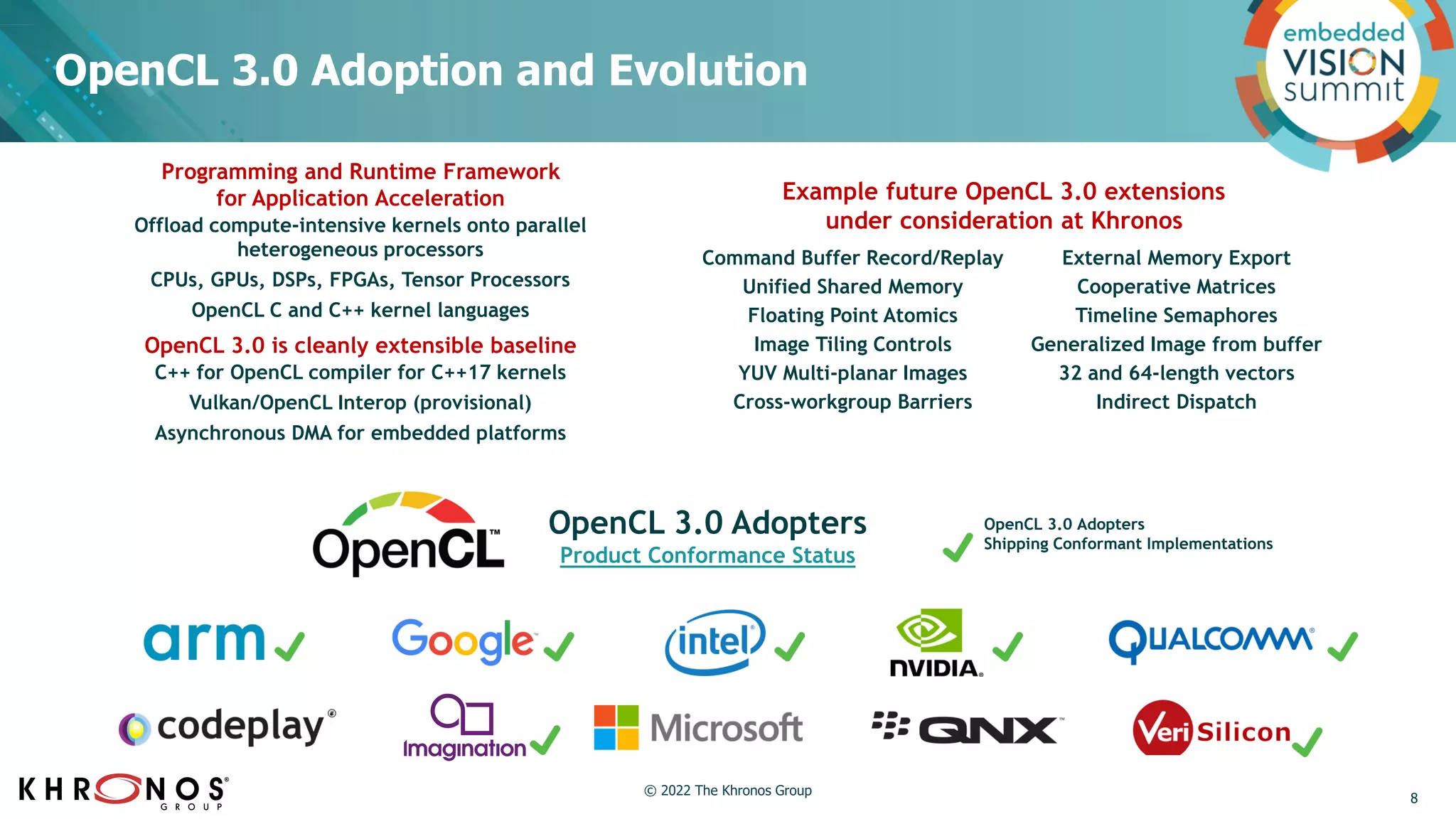 OpenCL 3.0 Adoption and Evolution
OpenCL 3.0 Adopters
Product Conformance Status
OpenCL 3.0 Adopters
Shipping Conformant Implementations
Programming and Runtime Framework
for Application Acceleration
Offload compute-intensive kernels onto parallel
heterogeneous processors
CPUs, GPUs, DSPs, FPGAs, Tensor Processors
OpenCL C and C++ kernel languages
OpenCL 3.0 is cleanly extensible baseline
C++ for OpenCL compiler for C++17 kernels
Vulkan/OpenCL Interop (provisional)
Asynchronous DMA for embedded platforms
Example future OpenCL 3.0 extensions
under consideration at Khronos
Command Buffer Record/Replay
Unified Shared Memory
Floating Point Atomics
Image Tiling Controls
YUV Multi-planar Images
Cross-workgroup Barriers
External Memory Export
Cooperative Matrices
Timeline Semaphores
Generalized Image from buffer
32 and 64-length vectors
Indirect Dispatch
8
© 2022 The Khronos Group
 