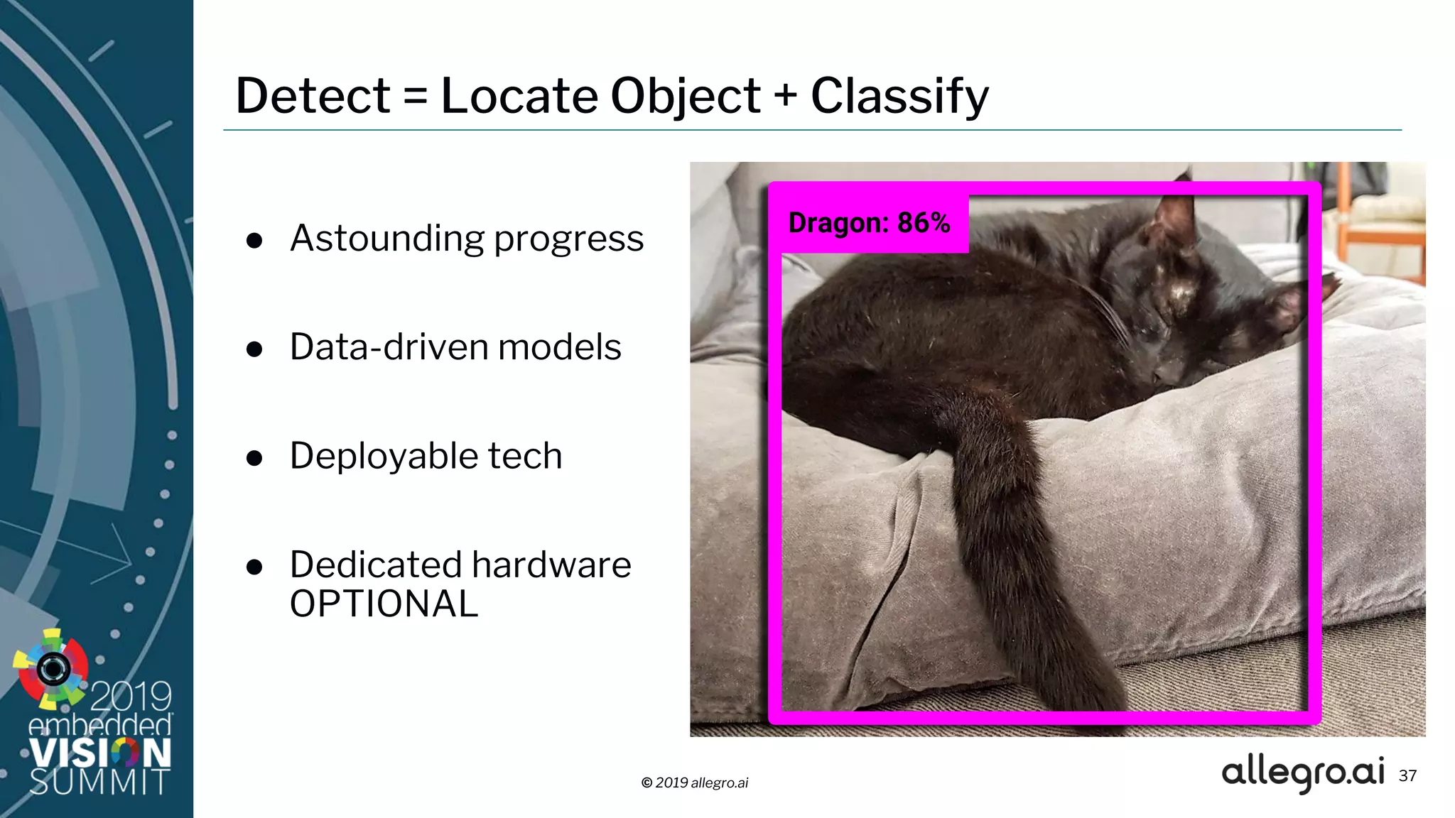 © 2019 allegro.ai
Detect = Locate Object + Classify
● Astounding progress
● Data-driven models
● Deployable tech
● Dedicated hardware
OPTIONAL
37
Dragon: 86%
 