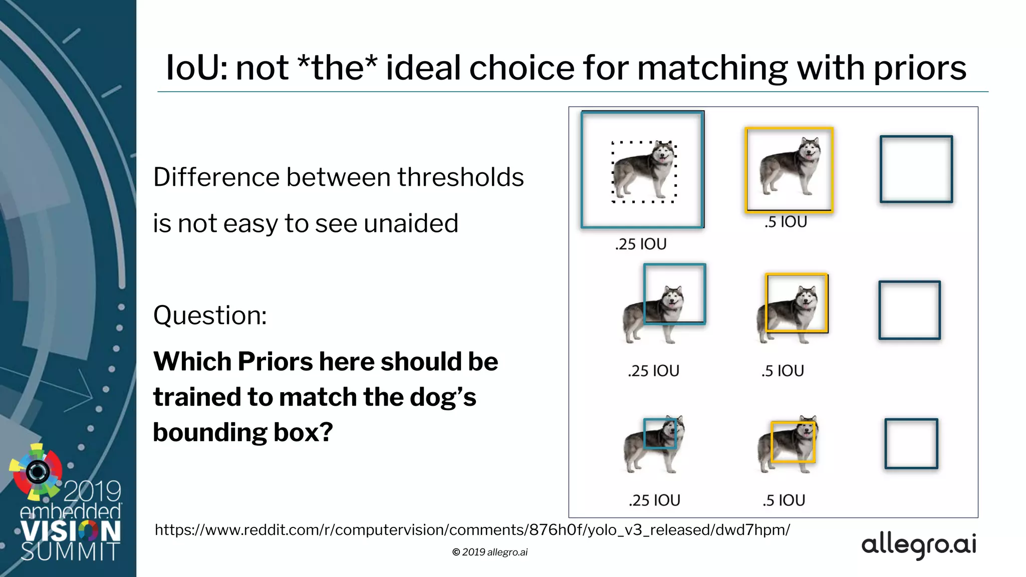 © 2019 allegro.ai
IoU: not *the* ideal choice for matching with priors
Difference between thresholds
is not easy to see unaided
Question:
Which Priors here should be
trained to match the dog’s
bounding box?
https://www.reddit.com/r/computervision/comments/876h0f/yolo_v3_released/dwd7hpm/
 
