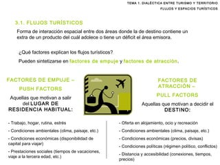 TEMA 1. DIALÉCTICA ENTRE TURISMO Y TERRITORIO FLUJOS Y ESPACIOS TURÍSTICOS 3.1. FLUJOS TURÍSTICOS Forma de interacción espacial entre dos áreas donde la de destino contiene un extra de un producto del cuál adolece o tiene un déficit el área emisora. ¿Qué factores explican los flujos turísticos? Pueden sintetizarse en  factores de empuje  y  factores de atracción . FACTORES DE EMPUJE –  PUSH FACTORS Aquellas que motivan a salir del  LUGAR DE   RESIDENCIA HABITUAL: FACTORES DE ATRACCIÓN –  PULL FACTORS Aquellas que motivan a decidir el  DESTINO: Trabajo, hogar, rutina, estrés Condiciones ambientales (clima, paisaje, etc.)  Condiciones económicas (disponibilidad de capital para viajar) Prestaciones sociales (tiempos de vacaciones, viaje a la tercera edad, etc.) Oferta en alojamiento, ocio y recreación Condiciones ambientales (clima, paisaje, etc.) Condiciones económicas (precios, divisas) Condiciones políticas (régimen político, conflictos) Distancia y accesibilidad (conexiones, tiempos, precios) 