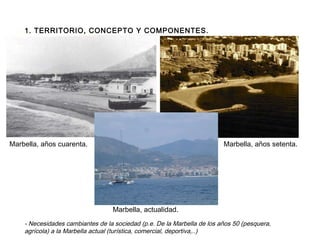 TEMA 1. DIALÉCTICA ENTRE TURISMO Y TERRITORIO TERRITORIO. CONCEPTO Y COMPONENTES Marbella, años cuarenta.  1. TERRITORIO, CONCEPTO Y COMPONENTES. Marbella, años setenta. Marbella, actualidad. - Necesidades cambiantes de la sociedad (p.e. De la Marbella de los años 50 (pesquera, agrícola) a la Marbella actual (turística, comercial, deportiva,..) 