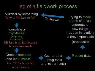 eg of a ﬁeldwork process
puzzled by something
formulate a
hypothesis
(temporary
explanation)
Choose methods
and instruments
Gather data
(using tools
and instruments)
Present data
Trying to make
sense of data /
understand
how things
happen in relation
to they hypothesis
(conclusion)
To answer
Why is Mr Luo so fat?
Mr Luo is so fat because
he eats too much
Use CCTV to record
what he eats
 