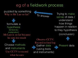 eg of a ﬁeldwork process
puzzled by something
formulate a
hypothesis
(temporary
explanation)
Choose methods
and instruments
Gather data
(using tools
and instruments)
Present data
Trying to make
sense of data /
understand
how things
happen in relation
to they hypothesis
(conclusion)
To answer
Why is Mr Luo so fat?
Mr Luo is so fat because
he eats too much
Use CCTV to record
what he eats
Observe CCTV.
Record in food log
 