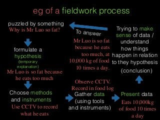 eg of a ﬁeldwork process
puzzled by something
formulate a
hypothesis
(temporary
explanation)
Choose methods
and instruments
Gather data
(using tools
and instruments)
Present data
Trying to make
sense of data /
understand
how things
happen in relation
to they hypothesis
(conclusion)
To answer
Why is Mr Luo so fat?
Mr Luo is so fat because
he eats too much
Use CCTV to record
what he eats
Observe CCTV.
Record in food log
Eats 10,000kg
of food 10 times
a day
Mr Luo is so fat
because he eats
too much, at
10,000 kg of food
10 times a day.
 