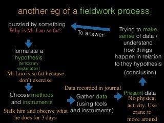 another eg of a ﬁeldwork process
puzzled by something
formulate a
hypothesis
(temporary
explanation)
Choose methods
and instruments
Gather data
(using tools
and instruments)
Present data
Trying to make
sense of data /
understand
how things
happen in relation
to they hypothesis
(conclusion)
To answer
Why is Mr Luo so fat?
Mr Luo is so fat because
don’t exercise
Stalk him and observe what
he does for 3 days
Data recorded in journal
No physical
activity. Use
crane to
move around
 