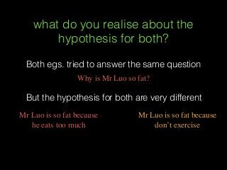 what do you realise about the
hypothesis for both?
Both egs. tried to answer the same question
Why is Mr Luo so fat?
But the hypothesis for both are very different
Mr Luo is so fat because
don’t exercise
Mr Luo is so fat because
he eats too much
 