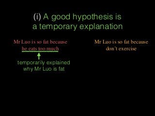 (i) A good hypothesis is  
a temporary explanation
Mr Luo is so fat because
don’t exercise
Mr Luo is so fat because
he eats too much
temporarily explained
why Mr Luo is fat
 