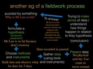 ﬁeldwork process
puzzled by something
formulate a
hypothesis
(temporary
explanation)
 