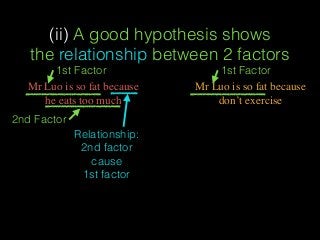 (ii) A good hypothesis shows
the relationship between 2 factors
Mr Luo is so fat because
don’t exercise
Mr Luo is so fat because
he eats too much
2nd Factor
1st Factor
Relationship:
2nd factor
cause
1st factor
1st Factor
 