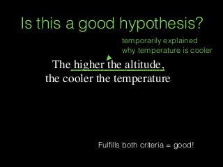 The higher the altitude,
the cooler the temperature
Is this a good hypothesis?
temporarily explained
why temperature is cooler
Fulﬁlls both criteria = good!
 