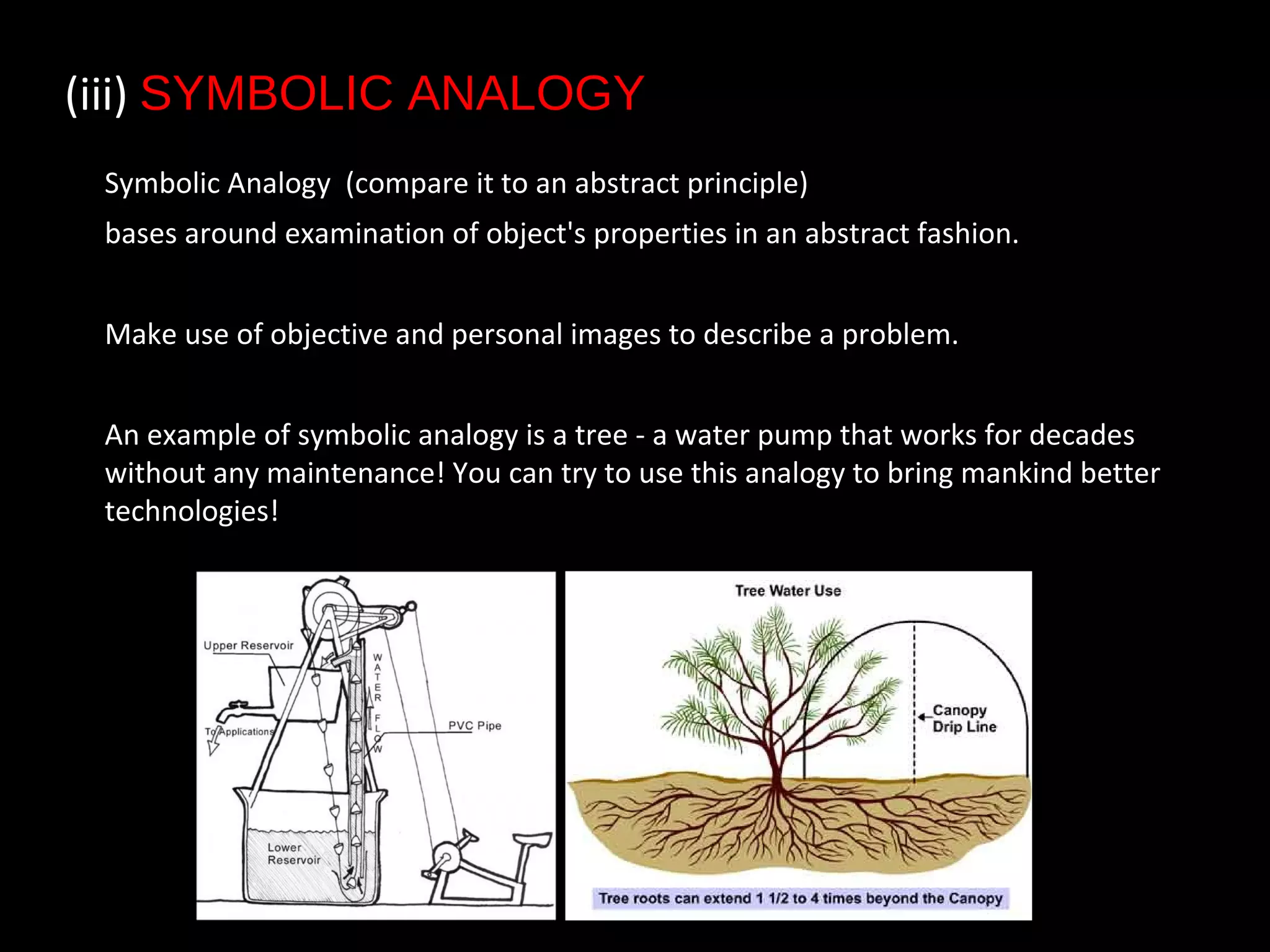 (iii) SYMBOLIC ANALOGY
Symbolic Analogy (compare it to an abstract principle)
bases around examination of object's properties in an abstract fashion.
Make use of objective and personal images to describe a problem.
An example of symbolic analogy is a tree - a water pump that works for decades
without any maintenance! You can try to use this analogy to bring mankind better
technologies!
 