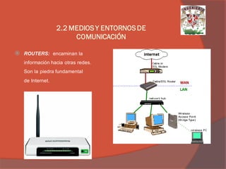 ROUTERS: encaminan la información hacia otras redes. Son la piedra fundamental de Internet. 
2.2 MEDIOS Y ENTORNOS DE COMUNICACIÓN  