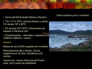 • Cerca del litoral desde Galicia a Navarra 
• Tm= 11º a 15ºC, veranos frescos y cortos 
Tm verano 18º a 22ºC 
• AT escasa (10º-12ºC), infrecuentes las 
heladas x Influencia mar 
• Precipitaciones : elevadas y regulares entre 
1000mm-1800mm - verano 
Causas: 
Masas de aire O-NO cargadas de humedad 
Perturbaciones (B) y frentes. Lluvias 
orogénicas en la Cord. Cantábrica y M. 
vascos 
Verano con menos influencia del Frente 
polar. (A) a veces da estabilidad 
Clima oceánico puro o marítimo 
 
