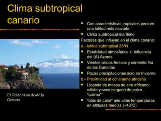 Clima subtropical 
canario  Con características tropicales pero en 
una latitud más elevada 
 Clima subtropical marítimo 
Factores que influyen en el clima canario: 
a.- latitud subtropical 28ºN 
 Estabilidad atmosférica x: Influencia 
del (A) Azores 
 Vientos alisios frescos y corriente fria 
de las Canarias 
 Pocas precipitaciones solo en Invierno 
b.- Proximidad al continente africano 
 Llegada de masas de aire africano: 
cálido y seco cargado de polvo 
"calima" 
 "olas de calor" aire altas temperaturas 
en altitudes medias (+40ºC) 
El Teide visto desde la 
Gomera 
 