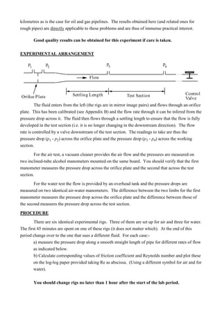 kilometres as is the case for oil and gas pipelines. The results obtained here (and related ones for
rough pipes) are directly applicable to these problems and are thus of immense practical interest.
Good quality results can be obtained for this experiment if care is taken.
EXPERIMENTAL ARRANGEMENT
The fluid enters from the left (the rigs are in mirror image pairs) and flows through an orifice
plate. This has been calibrated (see Appendix B) and the flow rate through it can be infered from the
pressure drop across it. The fluid then flows through a settling length to ensure that the flow is fully
developed in the test section (i.e. it is no longer changing in the downstream direction). The flow
rate is controlled by a valve downstream of the test section. The readings to take are thus the
pressure drop (p1 - p2) across the orifice plate and the pressure drop (p3 - p4) across the working
section.
For the air test, a vacuum cleaner provides the air flow and the pressures are measured on
two inclined-tube alcohol manometers mounted on the same board. You should verify that the first
manometer measures the pressure drop across the orifice plate and the second that across the test
section.
For the water test the flow is provided by an overhead tank and the pressure drops are
measured on two identical air-water manometers. The difference between the two limbs for the first
manometer measures the pressure drop across the orifice plate and the difference between those of
the second measures the pressure drop across the test section.
PROCEDURE
There are six identical experimental rigs. Three of them are set up for air and three for water.
The first 45 minutes are spent on one of these rigs (it does not matter which). At the end of this
period change over to the one that uses a different fluid. For each case:-
a) measure the pressure drop along a smooth straight length of pipe for different rates of flow
as indicated below.
b) Calculate corresponding values of friction coefficient and Reynolds number and plot these
on the log-log paper provided taking Re as abscissa. (Using a different symbol for air and for
water).
You should change rigs no later than 1 hour after the start of the lab period.
Flow
Test SectionSettling LengthOrifice Plate
p4
p3
p2
p1
Control
Valve
 